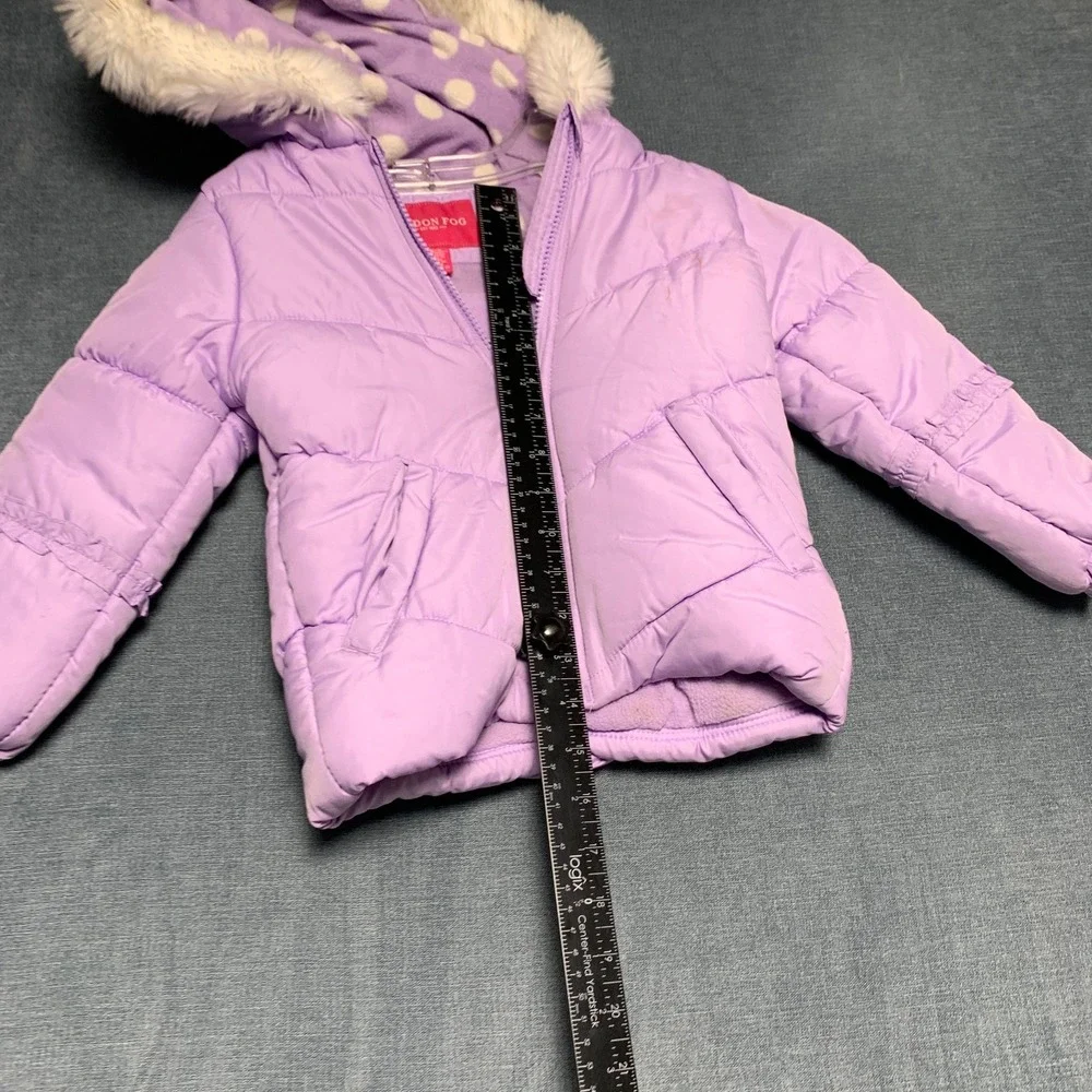 London Fog Puffer Jacket Girls S/4 Purple Faux Fur Trim Hood Fleece Lined Warm